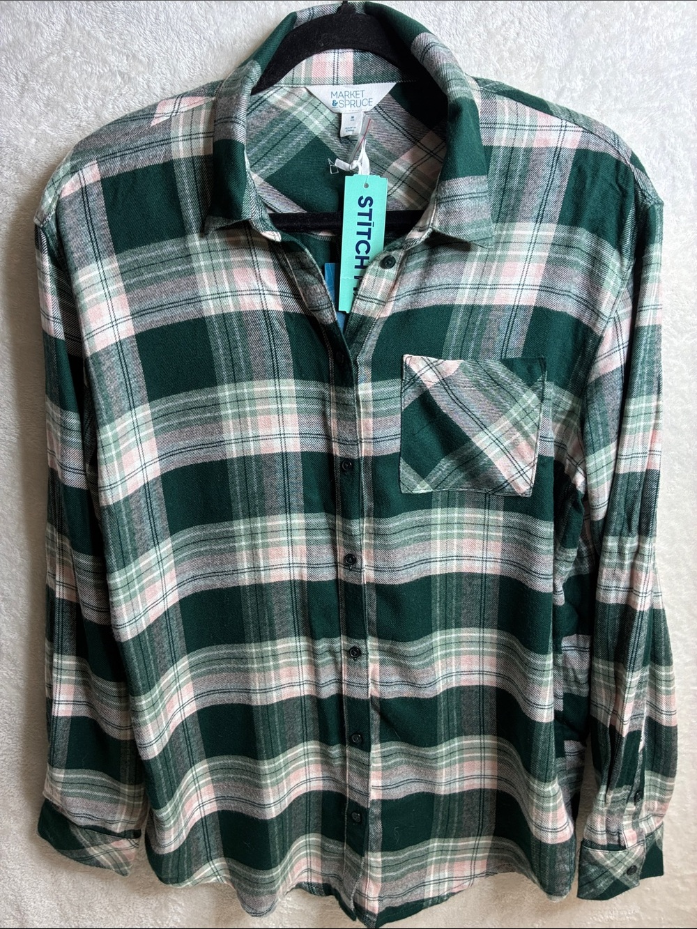 Market & Spruce Dark Green and Light Pink Plaid Button-Down Shirt